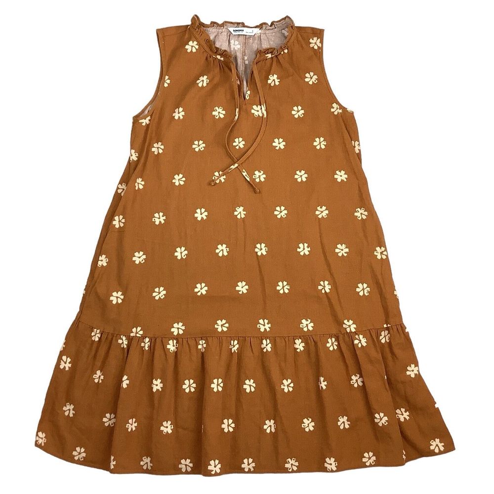 Sonoma Sleeveless Ruffle Dress Linen Blend Tiered Tan Floral Pockets Women’s S